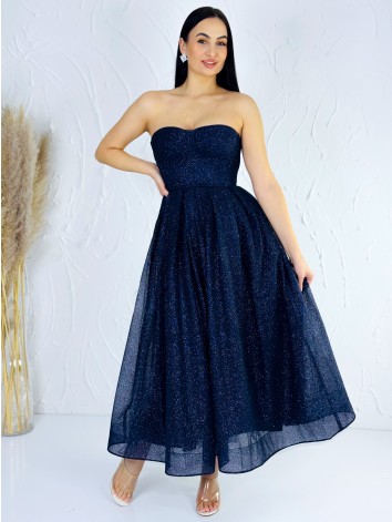 Dámske trblietavé modré midi spoločenské šaty s viazačkou