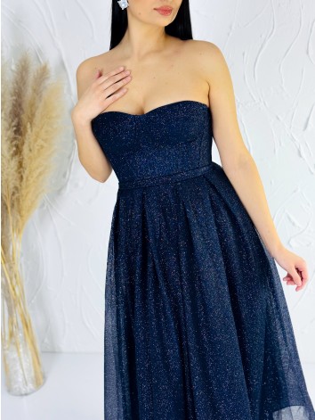 Dámske trblietavé modré midi spoločenské šaty s viazačkou