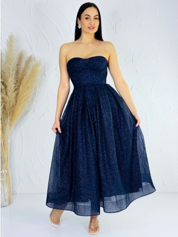 Dámske trblietavé modré midi spoločenské šaty s viazačkou