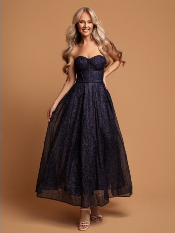 Dámske trblietavé modré midi spoločenské šaty s viazačkou