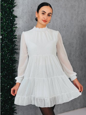 Dámske trblietavé nariasené šaty s dlhým rukávom Merry - biele