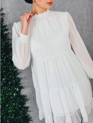 Dámske trblietavé nariasené šaty s dlhým rukávom Merry - biele