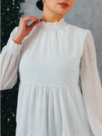 Dámske trblietavé nariasené šaty s dlhým rukávom Merry - biele