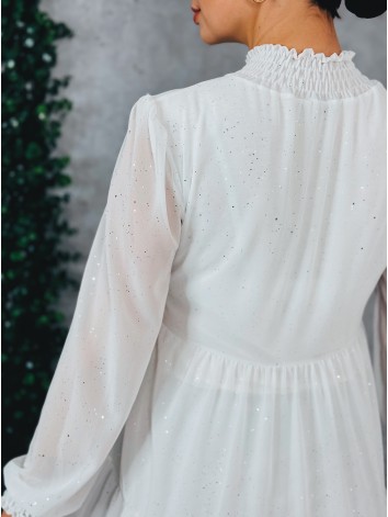 Dámske trblietavé nariasené šaty s dlhým rukávom Merry - biele