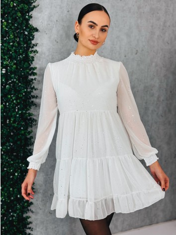 Dámske trblietavé nariasené šaty s dlhým rukávom Merry - biele