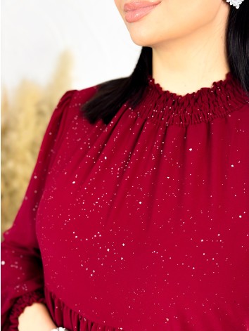 Dámske trblietavé nariasené šaty s dlhým rukávom Merry - bordové