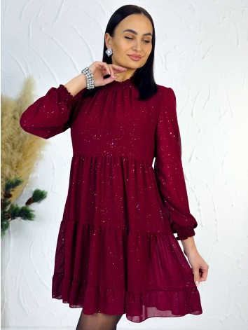 Dámske trblietavé nariasené šaty s dlhým rukávom Merry - bordové