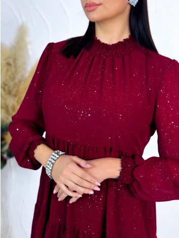 Dámske trblietavé nariasené šaty s dlhým rukávom Merry - bordové