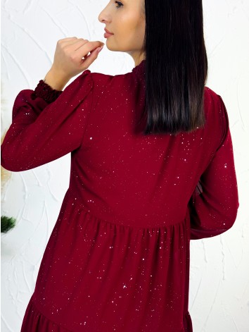Dámske trblietavé nariasené šaty s dlhým rukávom Merry - bordové