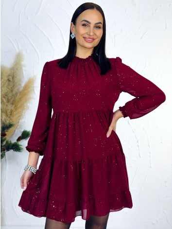 Dámske trblietavé nariasené šaty s dlhým rukávom Merry - bordové