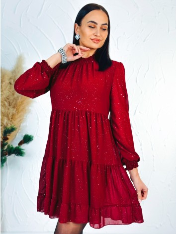 Dámske trblietavé nariasené šaty s dlhým rukávom Merry - červené