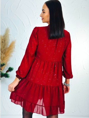 Dámske trblietavé nariasené šaty s dlhým rukávom Merry - červené