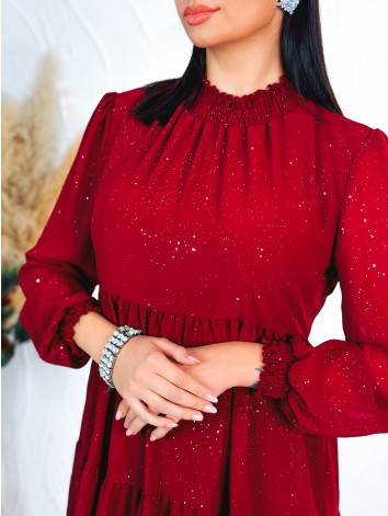 Dámske trblietavé nariasené šaty s dlhým rukávom Merry - červené