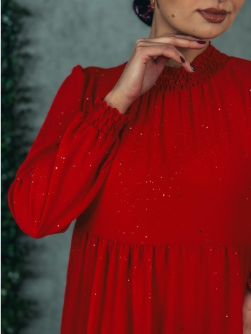 Dámske trblietavé nariasené šaty s dlhým rukávom Merry - červené