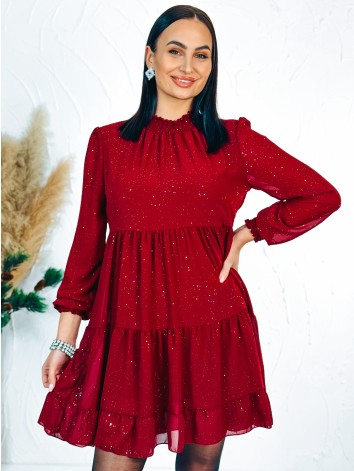 Dámske trblietavé nariasené šaty s dlhým rukávom Merry - červené