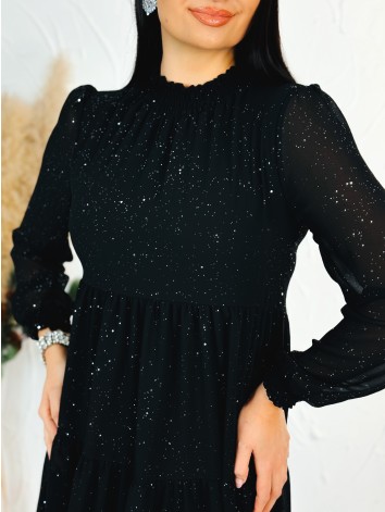 Dámske trblietavé nariasené šaty s dlhým rukávom Merry - čierne