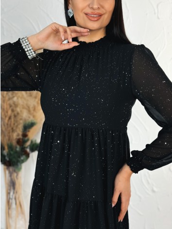 Dámske trblietavé nariasené šaty s dlhým rukávom Merry - čierne