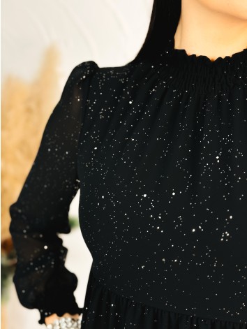 Dámske trblietavé nariasené šaty s dlhým rukávom Merry - čierne