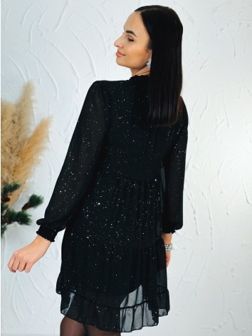 Dámske trblietavé nariasené šaty s dlhým rukávom Merry - čierne