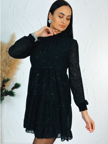 Dámske trblietavé nariasené šaty s dlhým rukávom Merry - čierne
