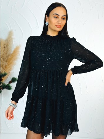 Dámske trblietavé nariasené šaty s dlhým rukávom Merry - čierne