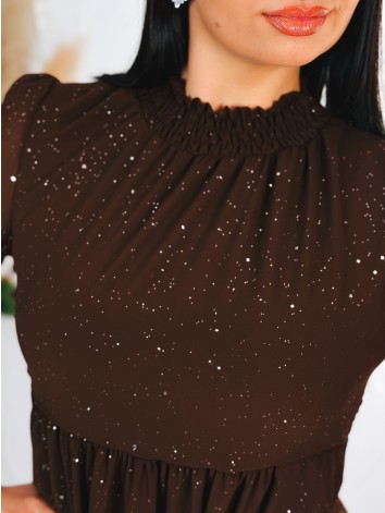 Dámske trblietavé nariasené šaty s dlhým rukávom Merry - hnedé