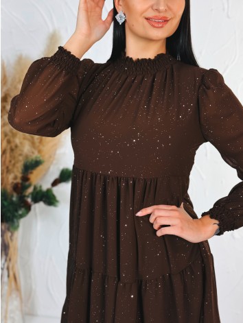 Dámske trblietavé nariasené šaty s dlhým rukávom Merry - hnedé