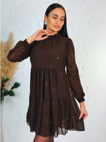 Dámske trblietavé nariasené šaty s dlhým rukávom Merry - hnedé