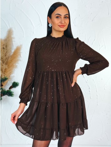Dámske trblietavé nariasené šaty s dlhým rukávom Merry - hnedé