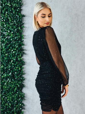Dámske trblietavé nazberané šaty s priesvitnými rukávmi - čierne