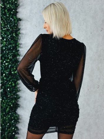 Dámske trblietavé nazberané šaty s priesvitnými rukávmi - čierne