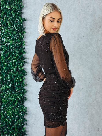 Dámske trblietavé nazberané šaty s priesvitnými rukávmi - hnedé