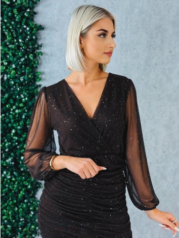 Dámske trblietavé nazberané šaty s priesvitnými rukávmi - hnedé