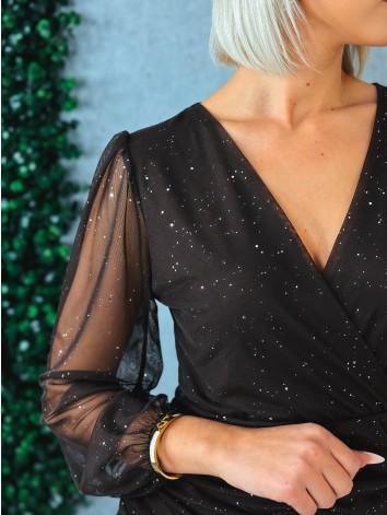 Dámske trblietavé nazberané šaty s priesvitnými rukávmi - hnedé