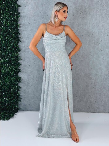 Dámske trblietavé spoločenské šaty s rázporkom na ples alebo svadbu - biele