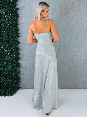 Dámske trblietavé spoločenské šaty s rázporkom na ples alebo svadbu - biele