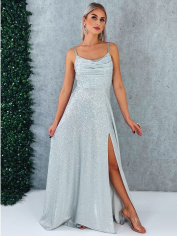 Dámske trblietavé spoločenské šaty s rázporkom na ples alebo svadbu - biele