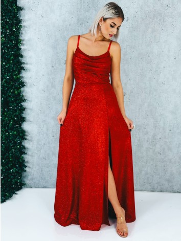 Dámske trblietavé spoločenské šaty s rázporkom na ples alebo svadbu - červené