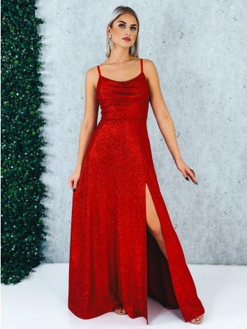 Dámske trblietavé spoločenské šaty s rázporkom na ples alebo svadbu - červené