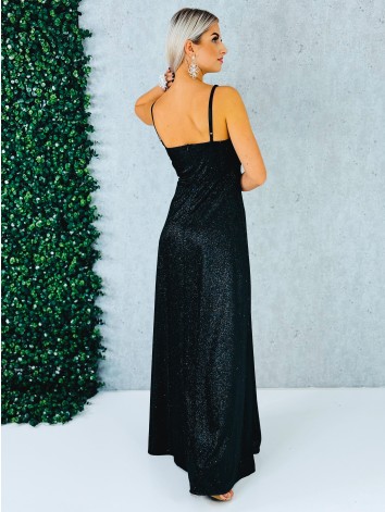 Dámske trblietavé spoločenské šaty s rázporkom na ples alebo svadbu - čierne