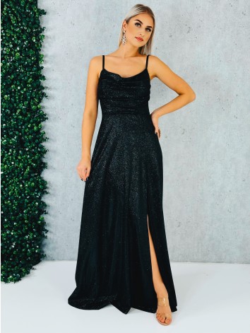 Dámske trblietavé spoločenské šaty s rázporkom na ples alebo svadbu - čierne