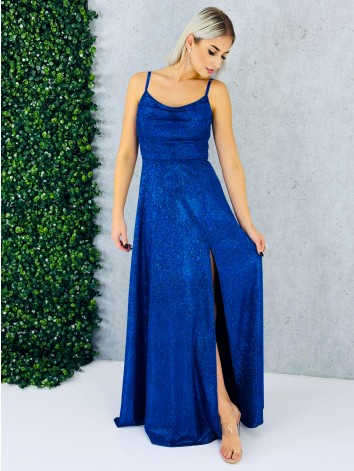 Dámske trblietavé spoločenské šaty s rázporkom na ples alebo svadbu - modré