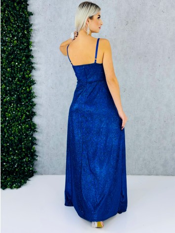 Dámske trblietavé spoločenské šaty s rázporkom na ples alebo svadbu - modré