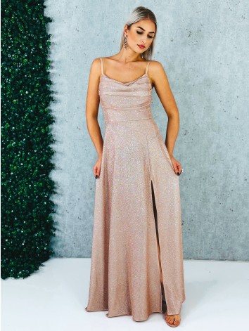 Dámske trblietavé spoločenské šaty s rázporkom na ples alebo svadbu - ružové