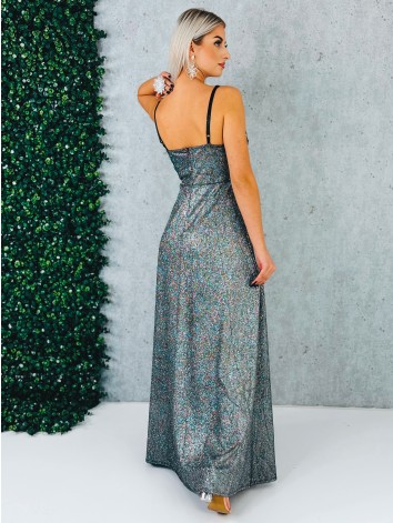 Dámske trblietavé spoločenské šaty s rázporkom na ples alebo svadbu - strieborné