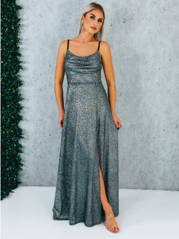 Dámske trblietavé spoločenské šaty s rázporkom na ples alebo svadbu - strieborné