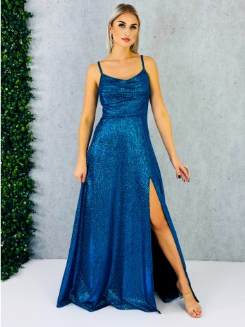 Dámske trblietavé spoločenské šaty s rázporkom na ples alebo svadbu - tyrkysové