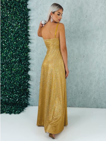 Dámske trblietavé spoločenské šaty s rázporkom na ples alebo svadbu - zlaté