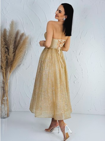 Dámske trblietavé zlaté midi spoločenské šaty s viazačkou