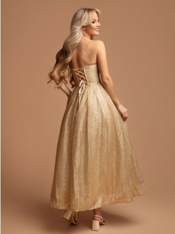 Dámske trblietavé zlaté midi spoločenské šaty s viazačkou